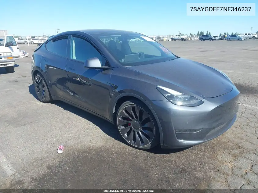 2022 Tesla Model Y Performance Dual Motor All-Wheel Drive VIN: 7SAYGDEF7NF346237 Lot: 45644779