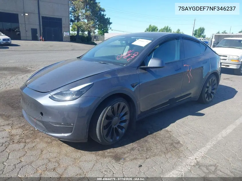 2022 Tesla Model Y Performance Dual Motor All-Wheel Drive VIN: 7SAYGDEF7NF346237 Lot: 45644779