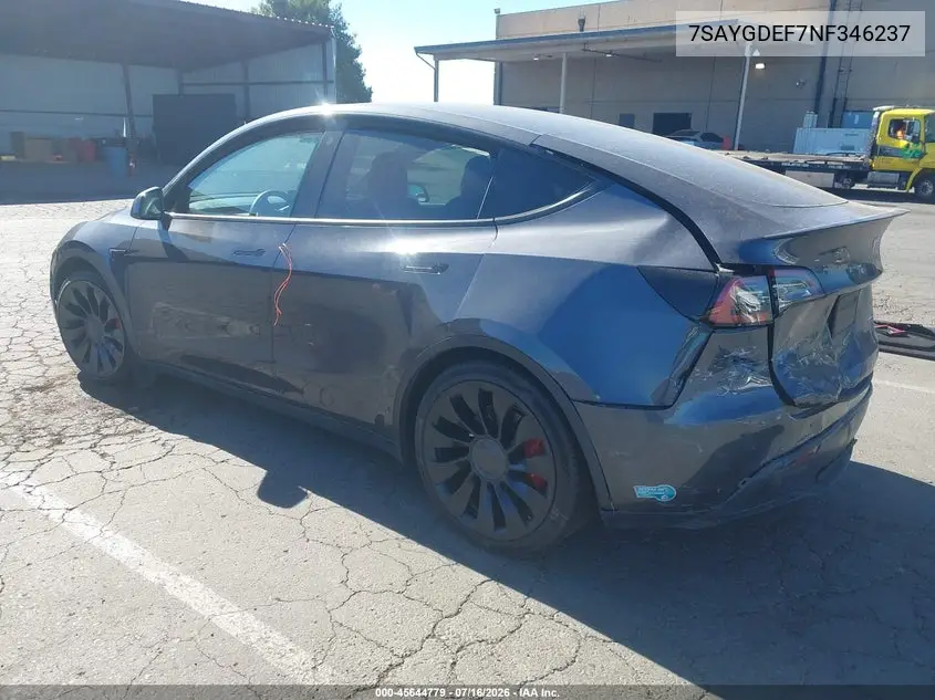 2022 Tesla Model Y Performance Dual Motor All-Wheel Drive VIN: 7SAYGDEF7NF346237 Lot: 45644779
