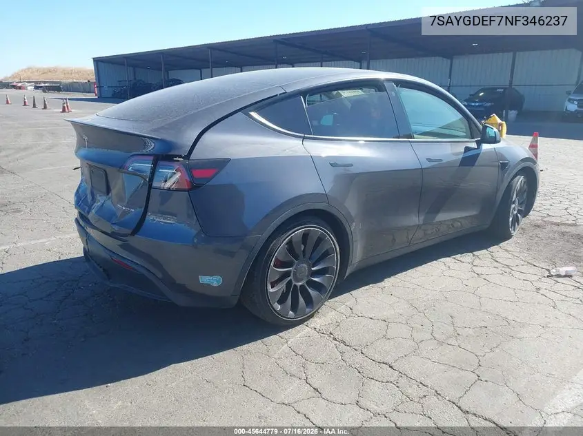 2022 Tesla Model Y Performance Dual Motor All-Wheel Drive VIN: 7SAYGDEF7NF346237 Lot: 45644779