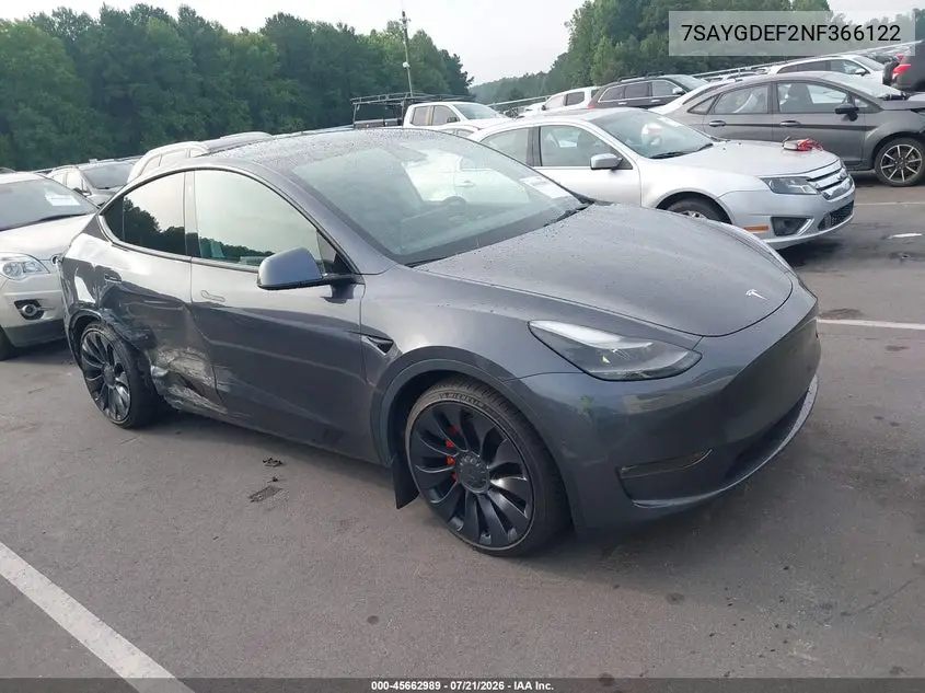 2022 Tesla Model Y Performance Dual Motor All-Wheel Drive VIN: 7SAYGDEF2NF366122 Lot: 45662989