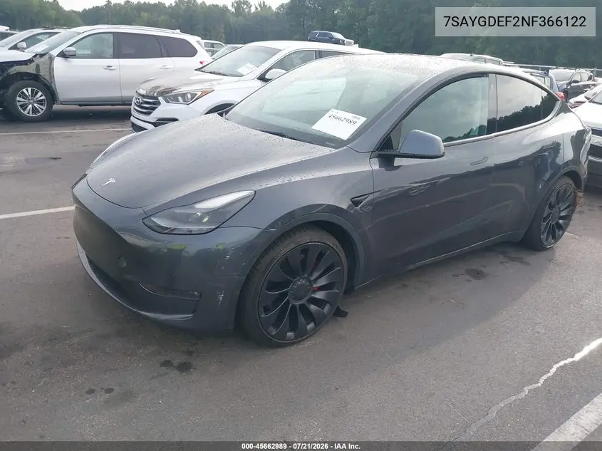 2022 Tesla Model Y Performance Dual Motor All-Wheel Drive VIN: 7SAYGDEF2NF366122 Lot: 45662989