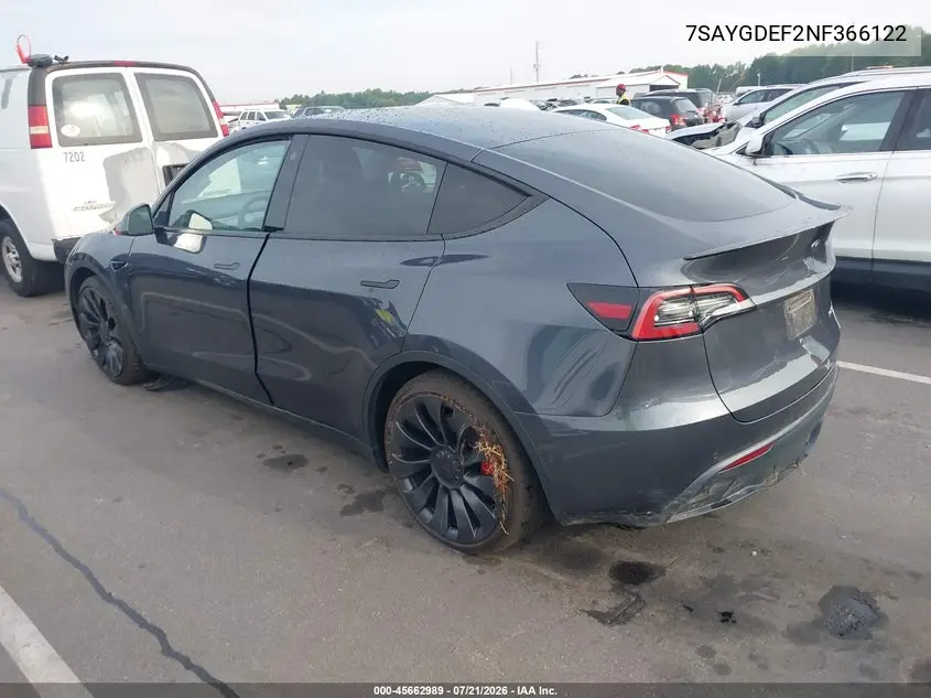 2022 Tesla Model Y Performance Dual Motor All-Wheel Drive VIN: 7SAYGDEF2NF366122 Lot: 45662989