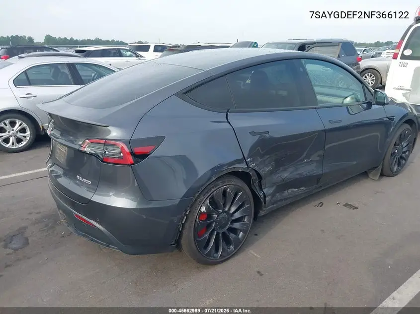 2022 Tesla Model Y Performance Dual Motor All-Wheel Drive VIN: 7SAYGDEF2NF366122 Lot: 45662989