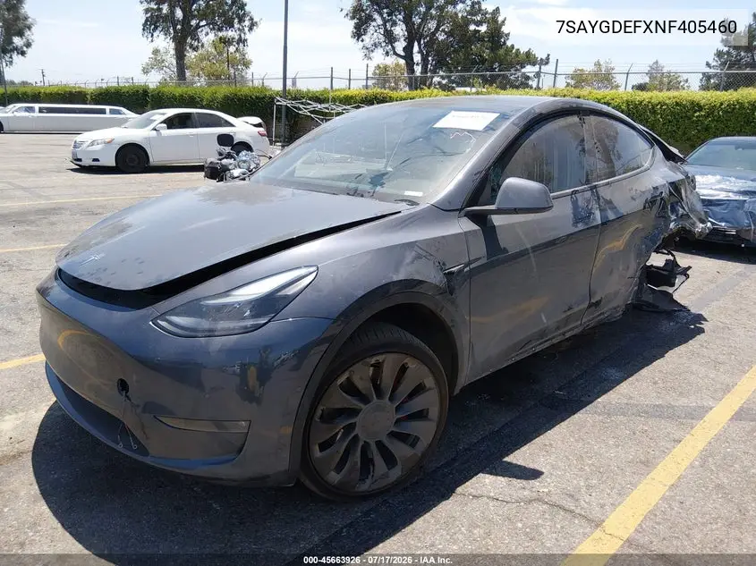 2022 Tesla Model Y Performance Dual Motor All-Wheel Drive VIN: 7SAYGDEFXNF405460 Lot: 45663926