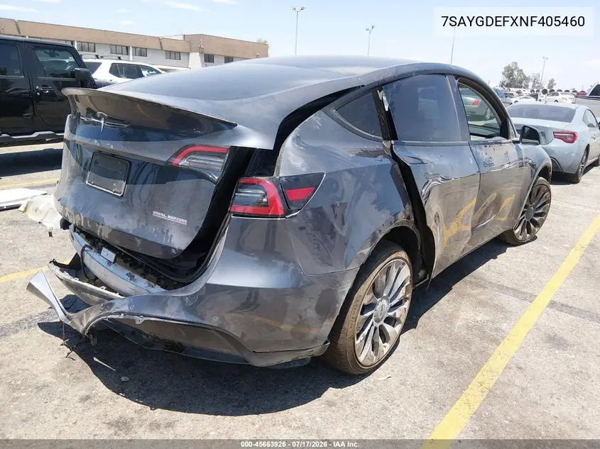 2022 Tesla Model Y Performance Dual Motor All-Wheel Drive VIN: 7SAYGDEFXNF405460 Lot: 45663926