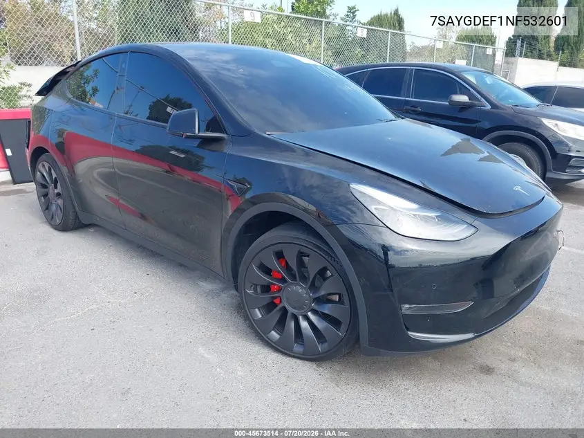 2022 Tesla Model Y Performance Dual Motor All-Wheel Drive VIN: 7SAYGDEF1NF532601 Lot: 45673514