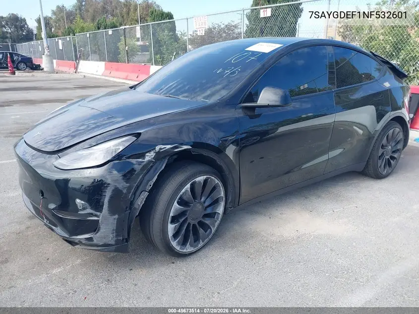 2022 Tesla Model Y Performance Dual Motor All-Wheel Drive VIN: 7SAYGDEF1NF532601 Lot: 45673514