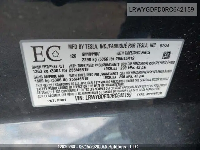 2024 Tesla Model Y Long Range/Rwd VIN: LRWYGDFD0RC642159 Lot: 12630260