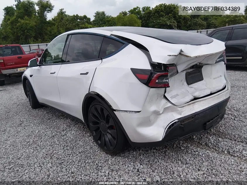 2024 Tesla Model Y Performance Dual Motor All-Wheel Drive VIN: 7SAYGDEF7RF034389 Lot: 45386783