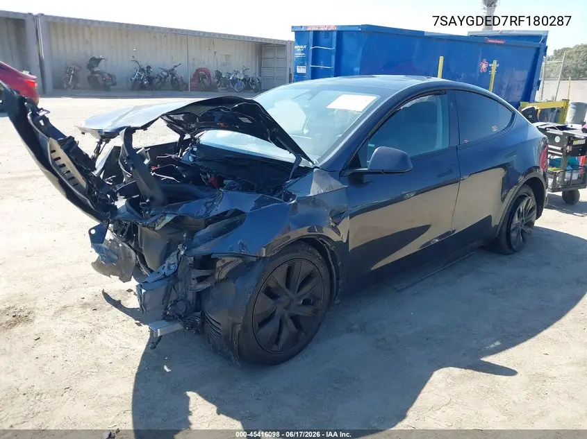 2024 Tesla Model Y Long Range Single Motor Rear-Wheel Drive/Rwd VIN: 7SAYGDED7RF180287 Lot: 45416098