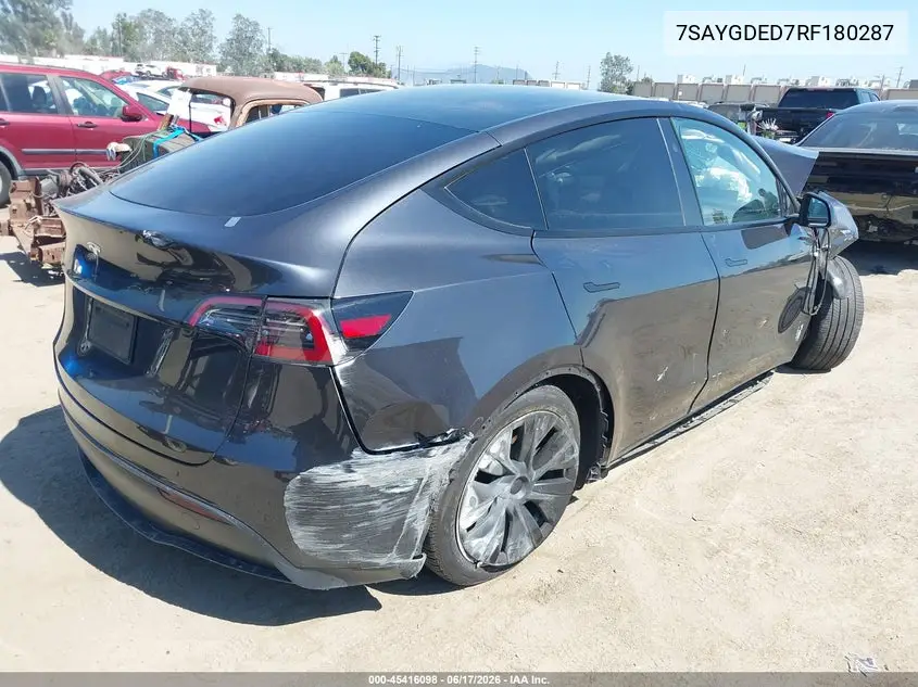 2024 Tesla Model Y Long Range Single Motor Rear-Wheel Drive/Rwd VIN: 7SAYGDED7RF180287 Lot: 45416098
