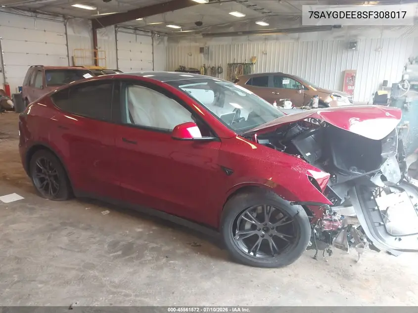 2025 Tesla Model Y Long Range Dual Motor All-Wheel Drive VIN: 7SAYGDEE8SF308017 Lot: 45561572
