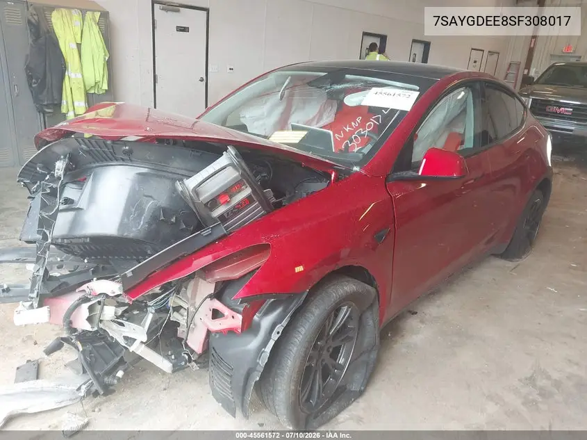 2025 Tesla Model Y Long Range Dual Motor All-Wheel Drive VIN: 7SAYGDEE8SF308017 Lot: 45561572