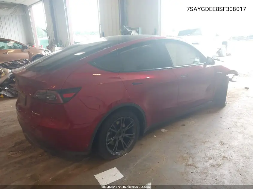 2025 Tesla Model Y Long Range Dual Motor All-Wheel Drive VIN: 7SAYGDEE8SF308017 Lot: 45561572
