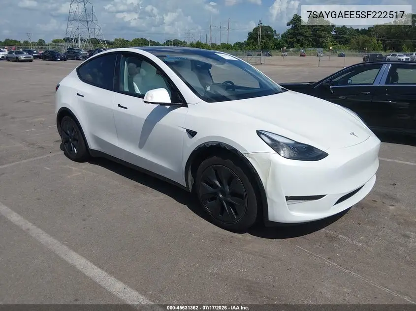 2025 Tesla Model Y Long Range Dual Motor All-Wheel Drive VIN: 7SAYGAEE5SF222517 Lot: 45631362