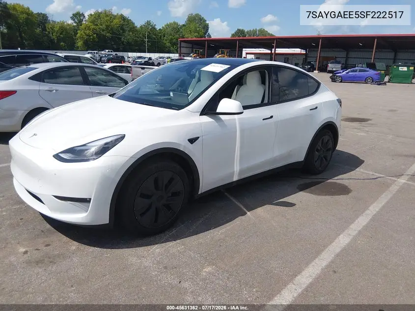 2025 Tesla Model Y Long Range Dual Motor All-Wheel Drive VIN: 7SAYGAEE5SF222517 Lot: 45631362