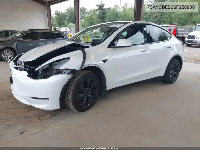 2025 Tesla Model Y Long Range Dual Motor Rear-Wheel Drive VIN: 7SAYGDED6SF258838 Lot: 45667020