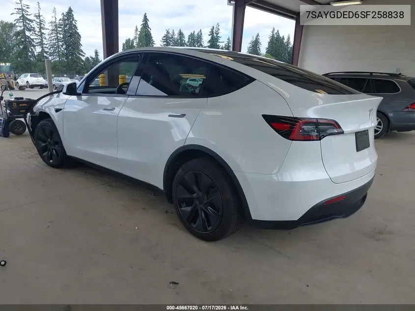 2025 Tesla Model Y Long Range Dual Motor Rear-Wheel Drive VIN: 7SAYGDED6SF258838 Lot: 45667020