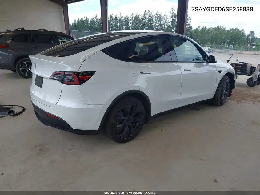 2025 Tesla Model Y Long Range Dual Motor Rear-Wheel Drive VIN: 7SAYGDED6SF258838 Lot: 45667020