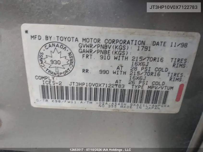 1999 Toyota Rav4 VIN: JT3HP10V0X7122783 Lot: 12653517x