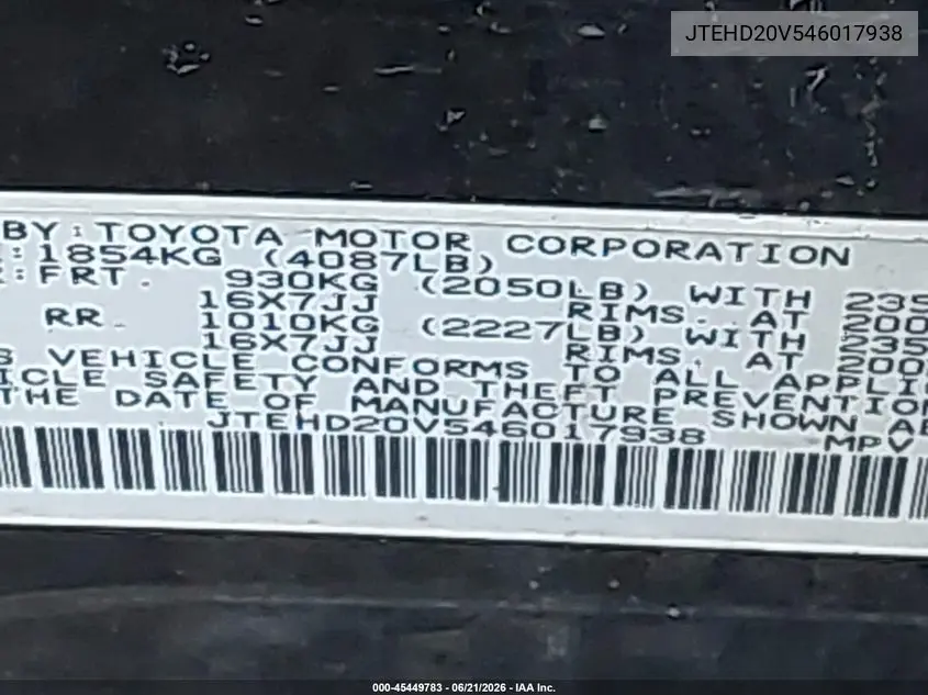2004 Toyota Rav4 VIN: JTEHD20V546017938 Lot: 45449783