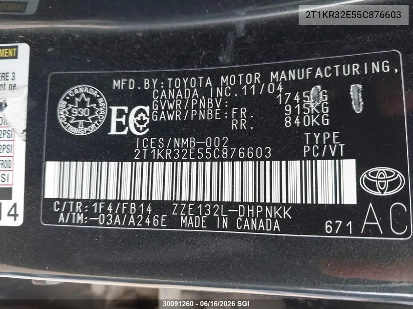 2005 Toyota Corolla Matrix Xr VIN: 2T1KR32E55C876603 Lot: 30091260