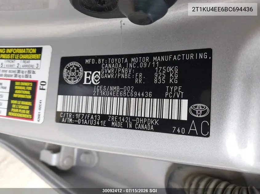2011 Toyota Corolla Matrix VIN: 2T1KU4EE6BC694436 Lot: 30092412