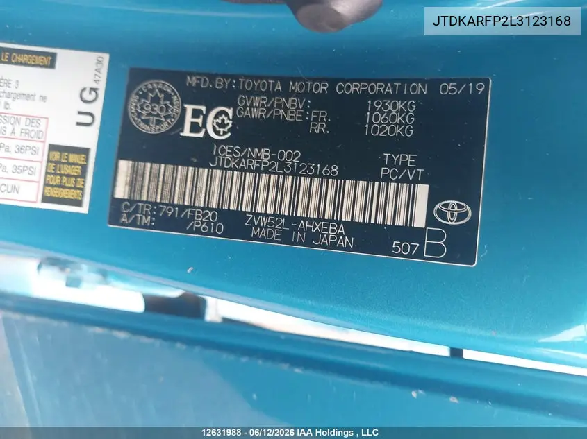 2020 Toyota Prius Prime VIN: JTDKARFP2L3123168 Lot: 12631988