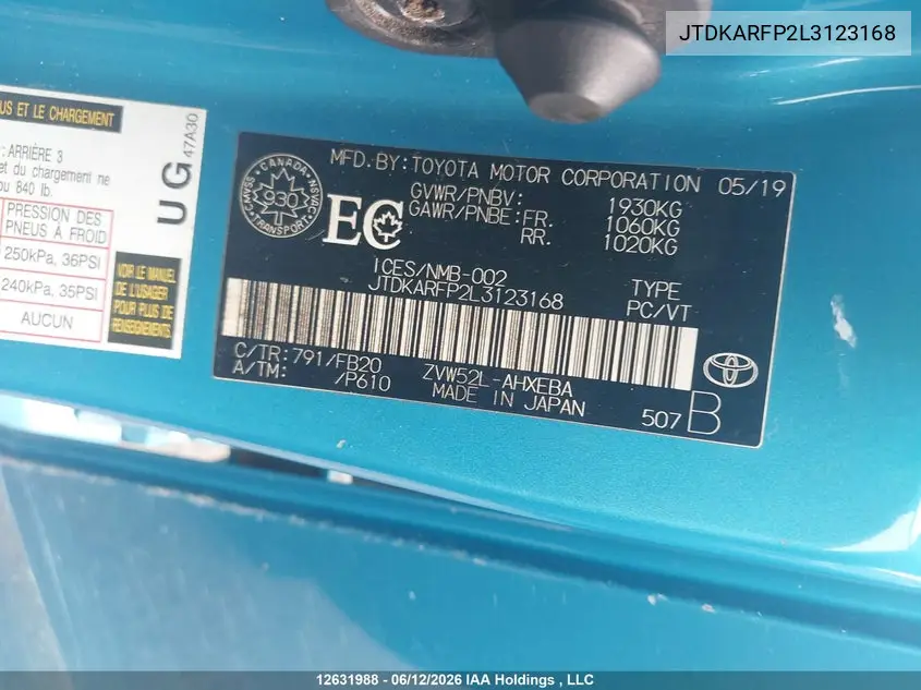 2020 Toyota Prius Prime VIN: JTDKARFP2L3123168 Lot: 12631988