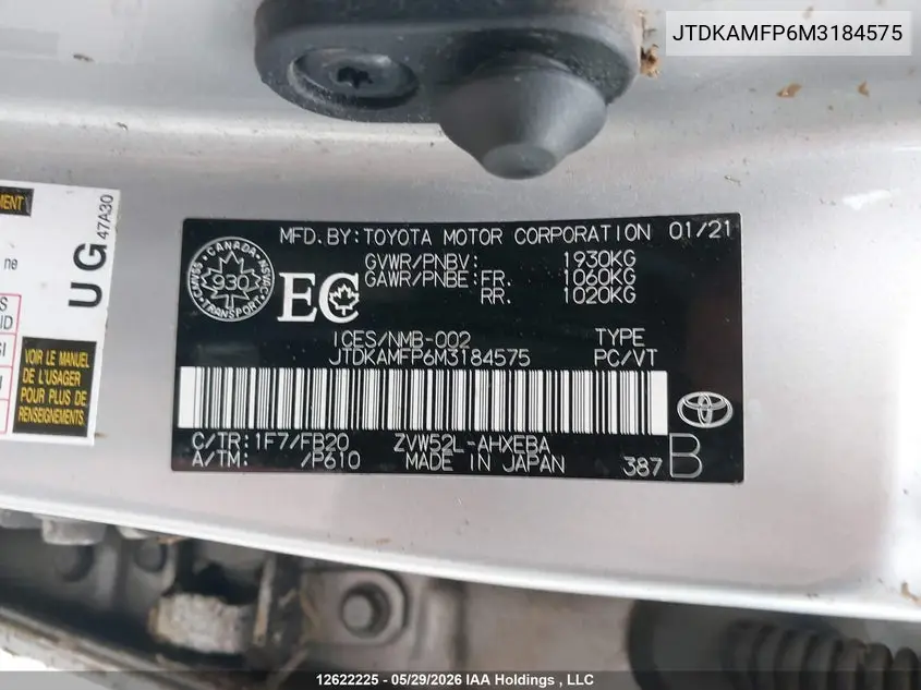 2021 Toyota Prius Prime VIN: JTDKAMFP6M3184575 Lot: 12622225