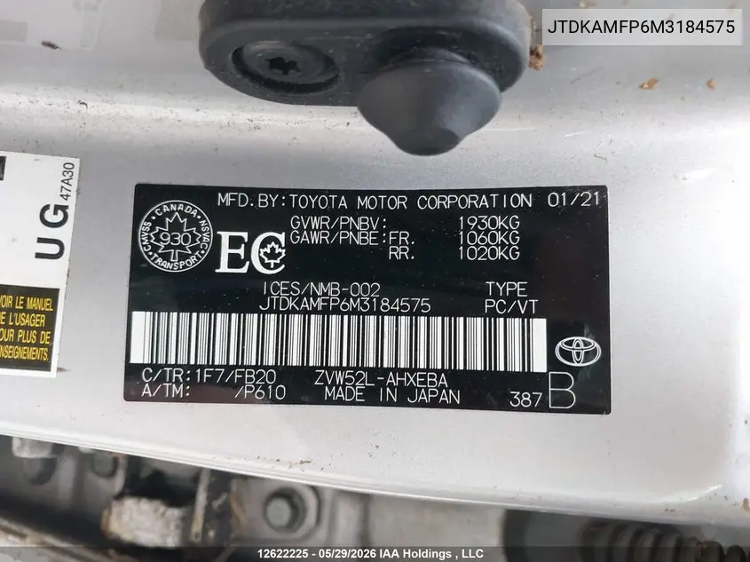 2021 Toyota Prius Prime VIN: JTDKAMFP6M3184575 Lot: 12622225