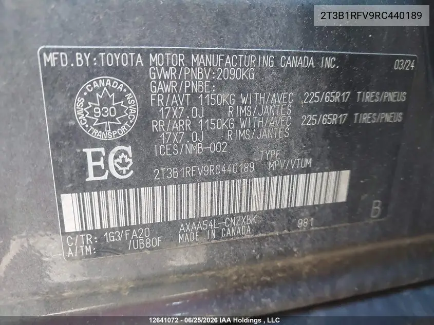 2024 Toyota Rav4 VIN: 2T3B1RFV9RC440189 Lot: 12641072