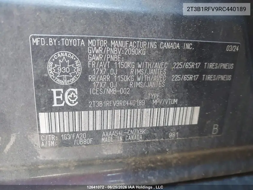 2024 Toyota Rav4 VIN: 2T3B1RFV9RC440189 Lot: 12641072