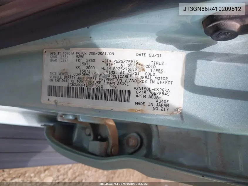 2001 Toyota 4Runner Sr5 V6 VIN: JT3GN86R410209512 Lot: 45543751