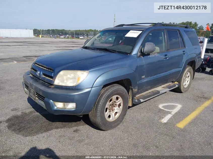 2003 Toyota 4Runner Sr5 V8 VIN: JTEZT14R430012178 Lot: 45688083