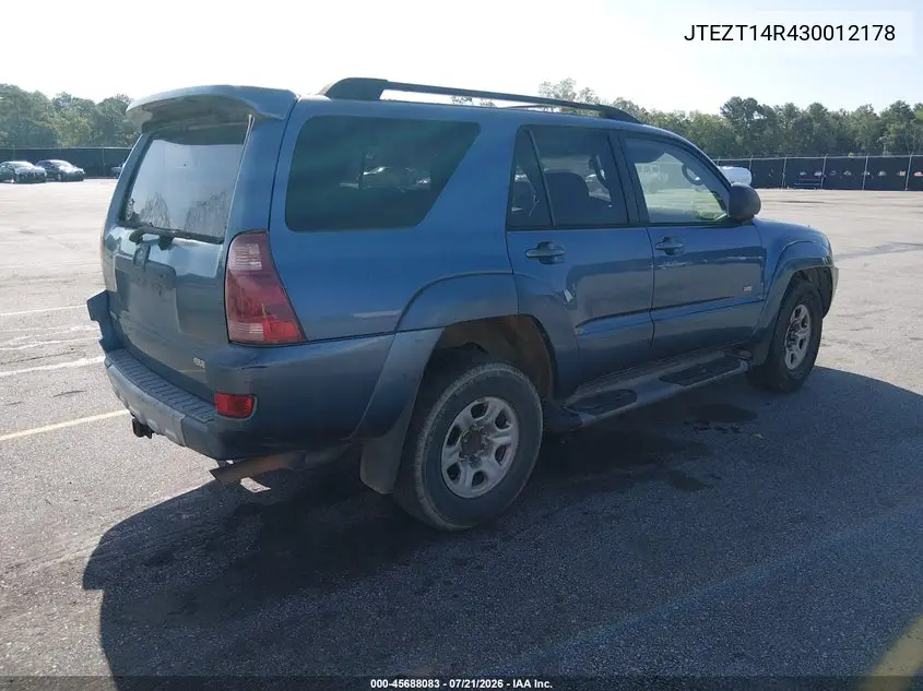 2003 Toyota 4Runner Sr5 V8 VIN: JTEZT14R430012178 Lot: 45688083