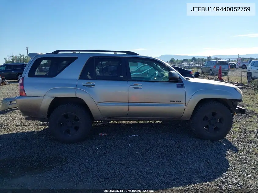 2004 Toyota 4Runner Sr5 V6 VIN: JTEBU14R440052759 Lot: 45603743