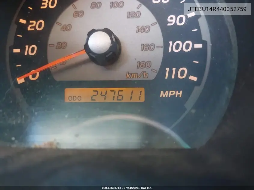 2004 Toyota 4Runner Sr5 V6 VIN: JTEBU14R440052759 Lot: 45603743