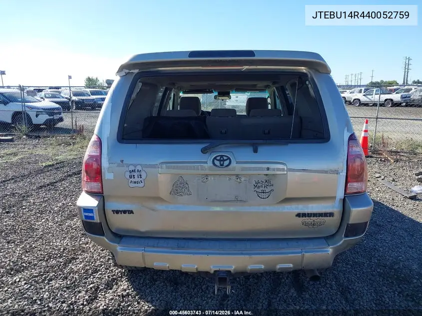2004 Toyota 4Runner Sr5 V6 VIN: JTEBU14R440052759 Lot: 45603743