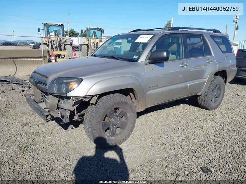 2004 Toyota 4Runner Sr5 V6 VIN: JTEBU14R440052759 Lot: 45603743