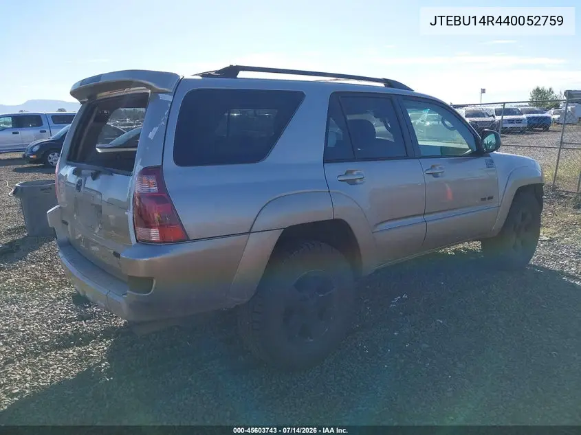 2004 Toyota 4Runner Sr5 V6 VIN: JTEBU14R440052759 Lot: 45603743