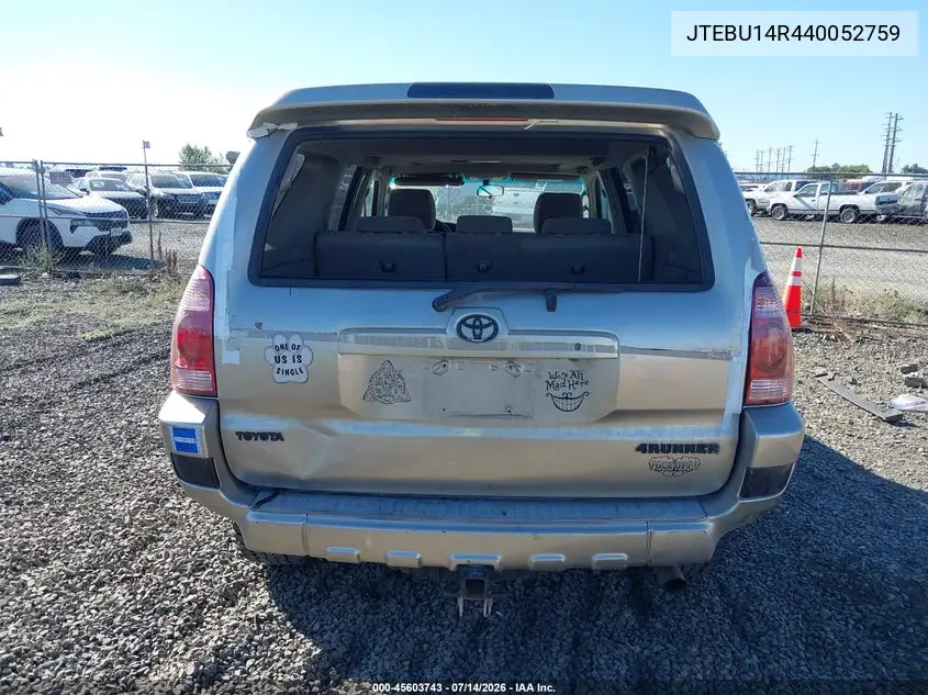 2004 Toyota 4Runner Sr5 V6 VIN: JTEBU14R440052759 Lot: 45603743