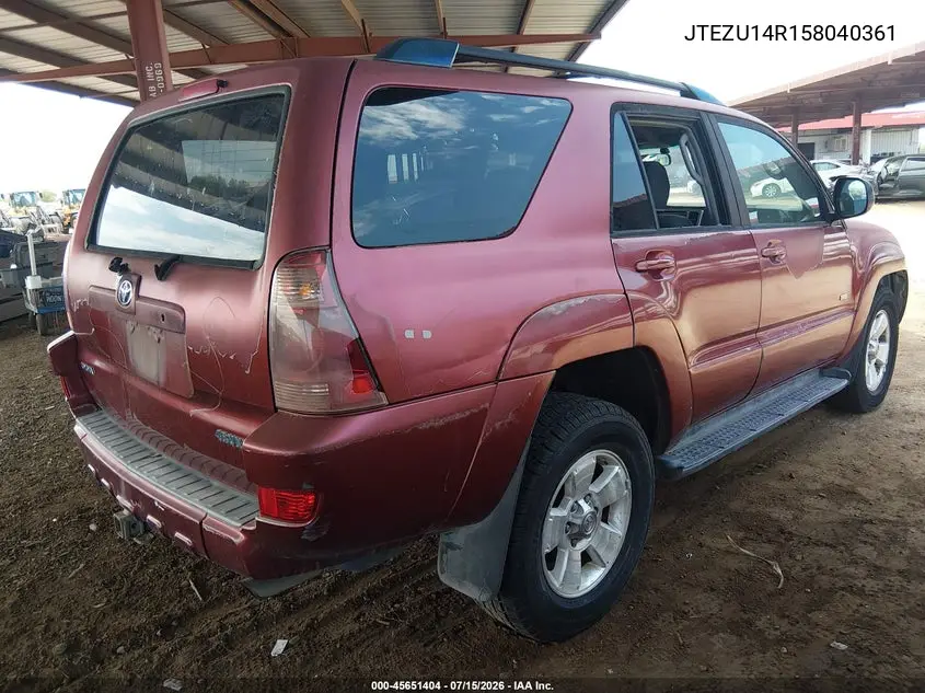 2005 Toyota 4Runner Sr5 V6 VIN: JTEZU14R158040361 Lot: 45651404