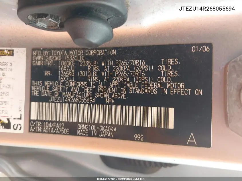 2006 Toyota 4Runner Sr5 V6 VIN: JTEZU14R268055694 Lot: 45377785