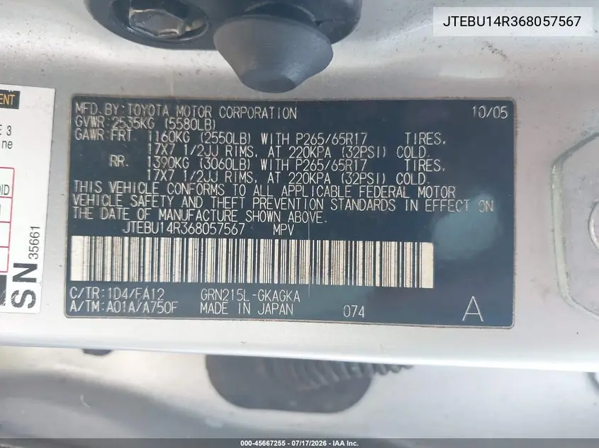 2006 Toyota 4Runner Sr5 Sport V6/Sr5 V6 VIN: JTEBU14R368057567 Lot: 45667255