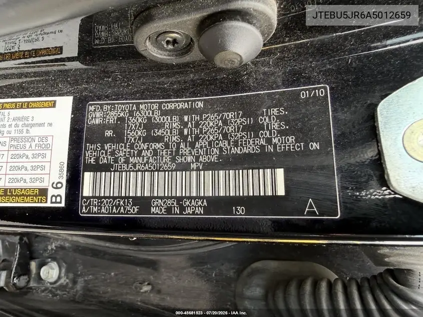 2010 Toyota 4Runner Sr5 V6 VIN: JTEBU5JR6A5012659 Lot: 45681523