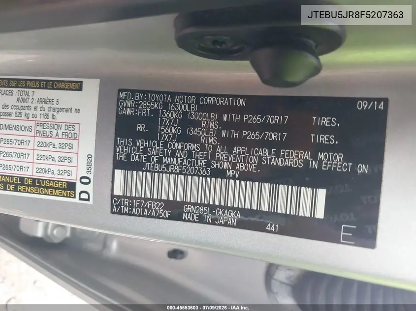 2015 Toyota 4Runner Sr5 VIN: JTEBU5JR8F5207363 Lot: 45553603