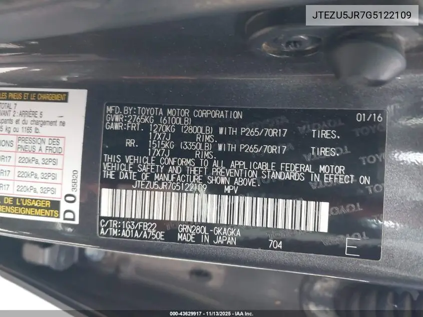 JTEZU5JR7G5122109 2016 Toyota 4Runner Sr5