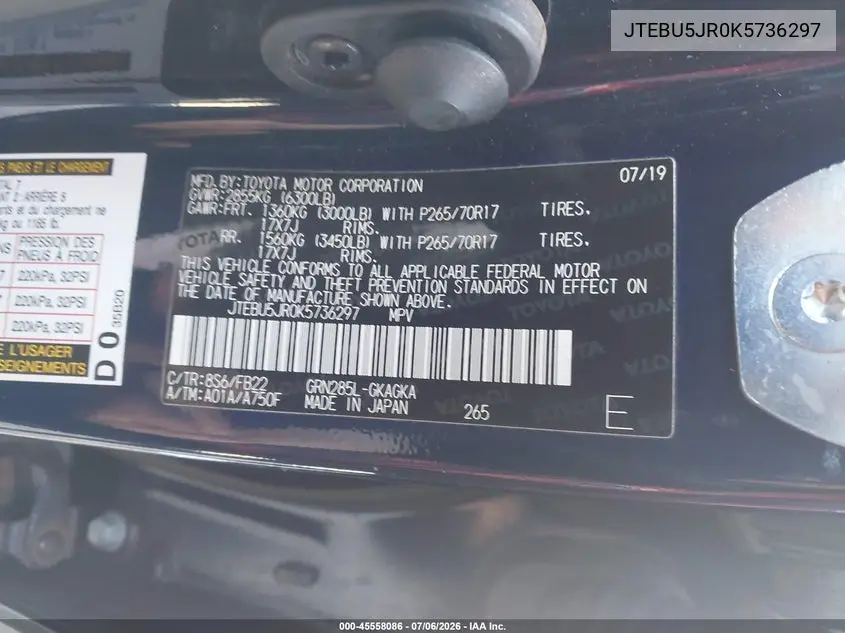2019 Toyota 4Runner VIN: JTEBU5JR0K5736297 Lot: 45558086